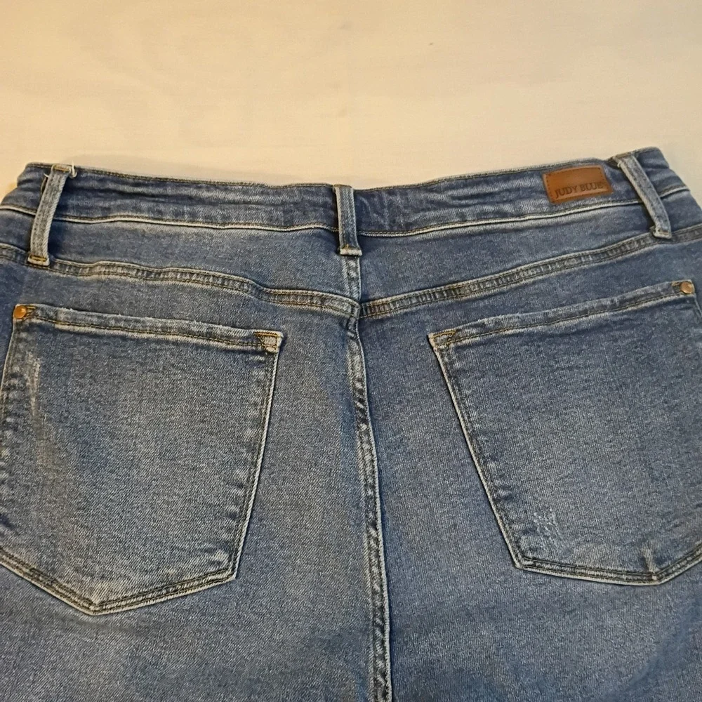 Judy Blue High Rise Boyfriend Fit Jeans Women's 20w Blue Stretch Denim Raw Hem